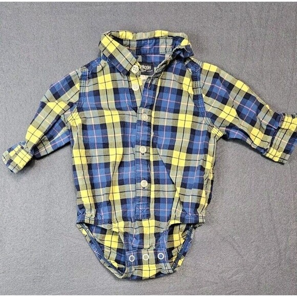 OshKosh B'Gosh Baby Boys Button Up Collar Size 6 Months Plaid Blue Long Sleeve - Picture 2 of 6